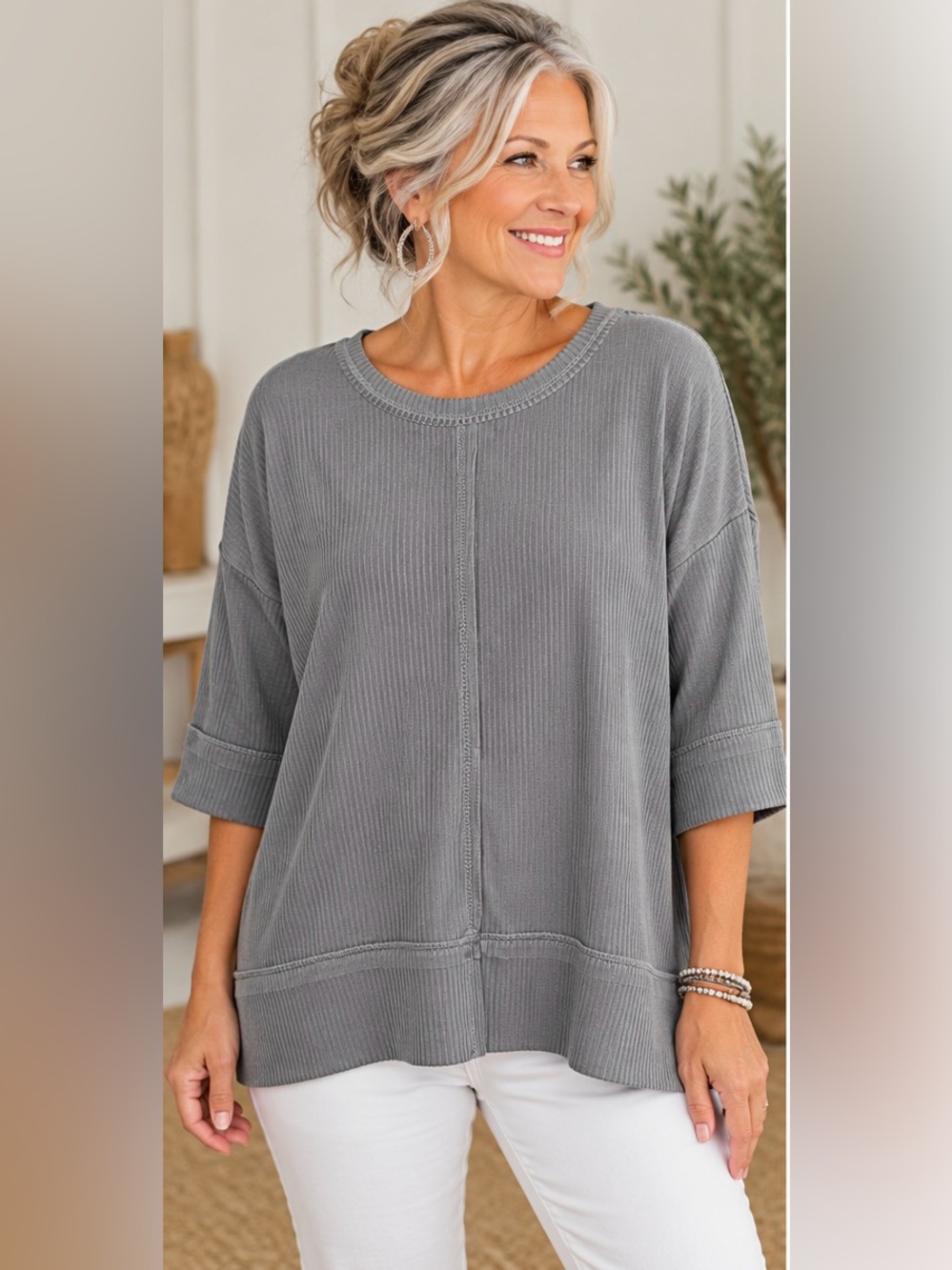 Zenana Ribbed Tunic Top in Gray Size S/M Like New